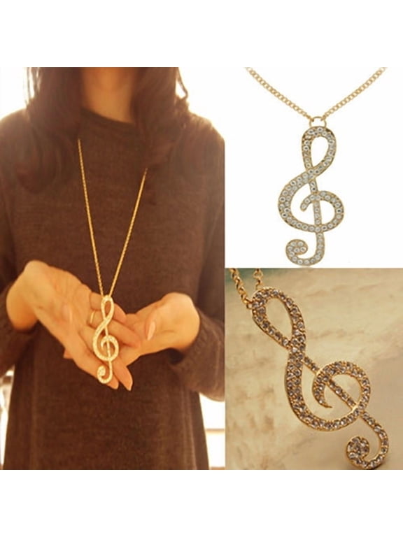 Fashion Women Fully Rhinestone Music Note Pendant Long Chain Sweater Necklace