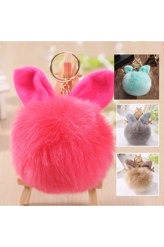 Faux Fur Rabbit Ear Soft Pompom Ball Key Ring Chain Keychain Bag Charm Pendant