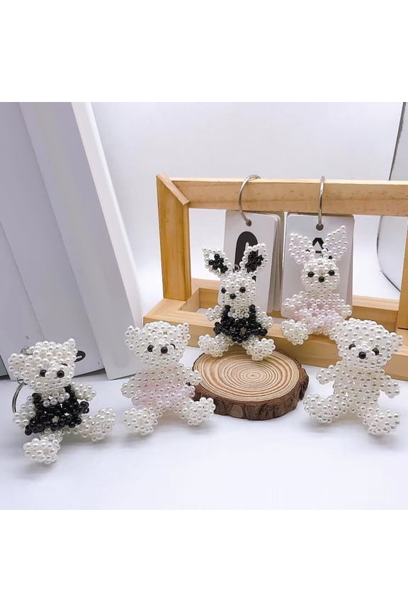 Faux Pearl Bear Rabbit Keychain Pendant Handmade Braided Lightweight Charm Key Chain Backpack Bag Accessory