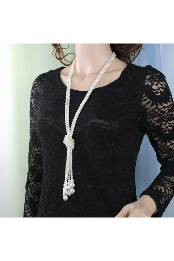 Faux Pearl Necklace White Color Knotted Beaded Long Tassel Neck Chain Elegant Dress-Up Alloy Jewelry Women Dress Sweater Necklace Accessories Jewelry Gift