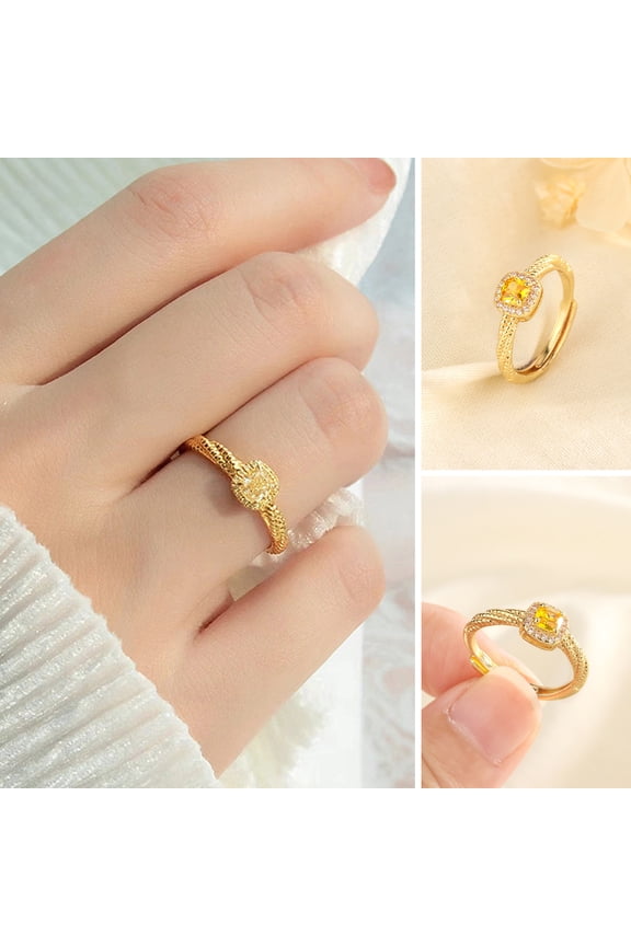 Faux Yellow Crystal Women Ring Rhinestone Inlay Opening Adjustable Wedding Party Golden Finger Ring Fashion Jewelry Gift