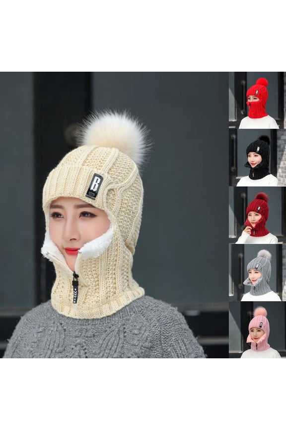 Fleece Lined Plush Ball Neck Warmer Cap Zipper Closure Warm Winter Face Cover Slouchy Beanie for Cycling