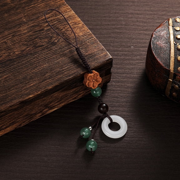 SmartBy Flower Mobile Phone Charm Braided Cell Phone Strap with Wooden Flower Charm And Faux Jade Ring Chinese Style Phone Lanyard Pendant for Keychain Bag Backpack