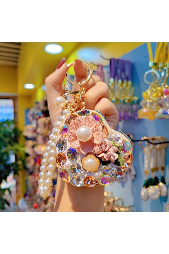 Folding Mirror Keychain Ladies Double-Sided Make-up Mirror with Faux Pearl Chain Rhinestone Mirror Pendant for Travel Touch-ups Bag Accessory