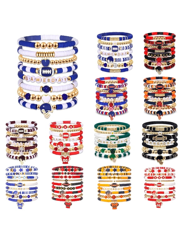 Game Day Bracelets Stackable Sports Football Charm Bracelets Elasticated Football Themed Bracelets Set for Women Men Football Fans Boho Summer Beach Jewelry