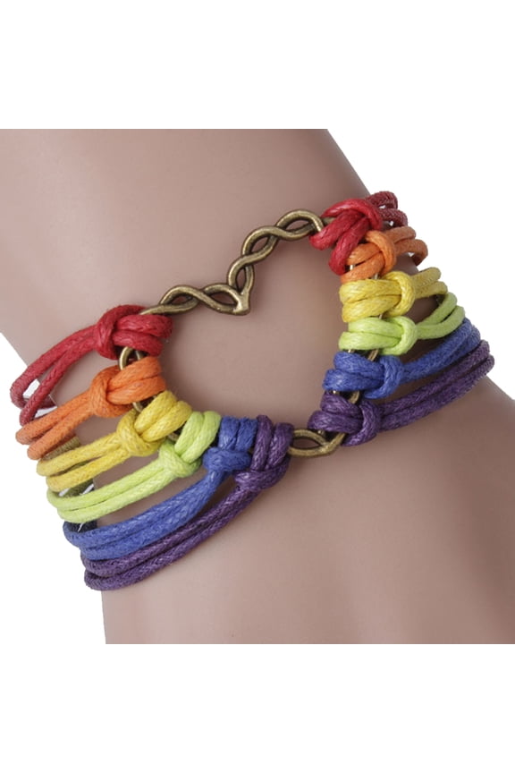 Gay Pride Heart Charm Multilayer Rainbow Rope Bracelet Bangle Lesbian Jewelry