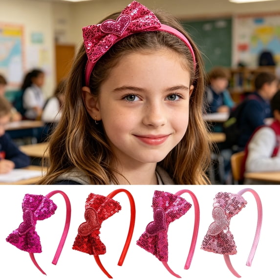 SmartBy Girl Headband Sparkling Sequins Hearts Bow Decor Lightweight Hair Hoop Seamless Arc Design Party Hair Accessory