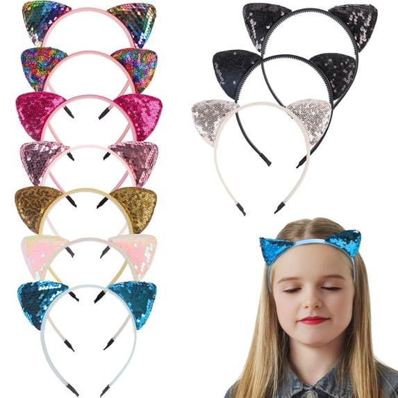 SmartBy Girl Headband Sparkling Sequins Three-Dimensional Cat Ear Shape Painless Wearing Arc Hair Hoop Kids Daily Party Hair Accessory