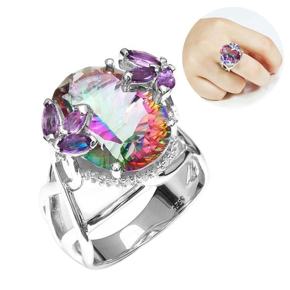 SmartBy Glitter Flower Bud Rainbow Rhinestone Inlaid Ring Bridal Engagement Jewelry Gift