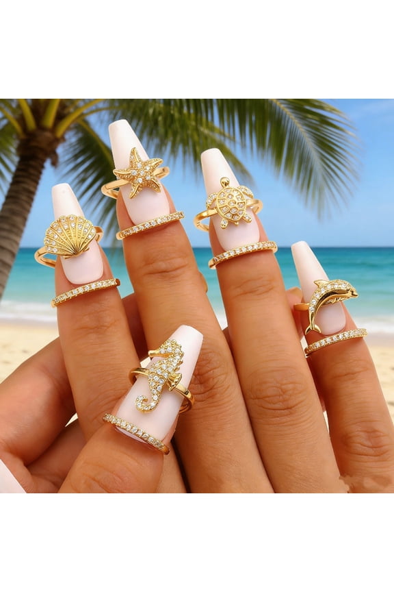 Gold Sea Animals Ring for Women Rhinestone Seahorse Turtle Dolphin Starfish Seashell Double Layer Adjustable Ring Bohemian Beach Jewelry Gift for Ocean Lovers