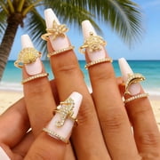 SmartBy Gold Sea Animals Ring for Women Rhinestone Seahorse Turtle Dolphin Starfish Seashell Double Layer Adjustable Ring Bohemian Beach Jewelry Gift for Ocean Lovers