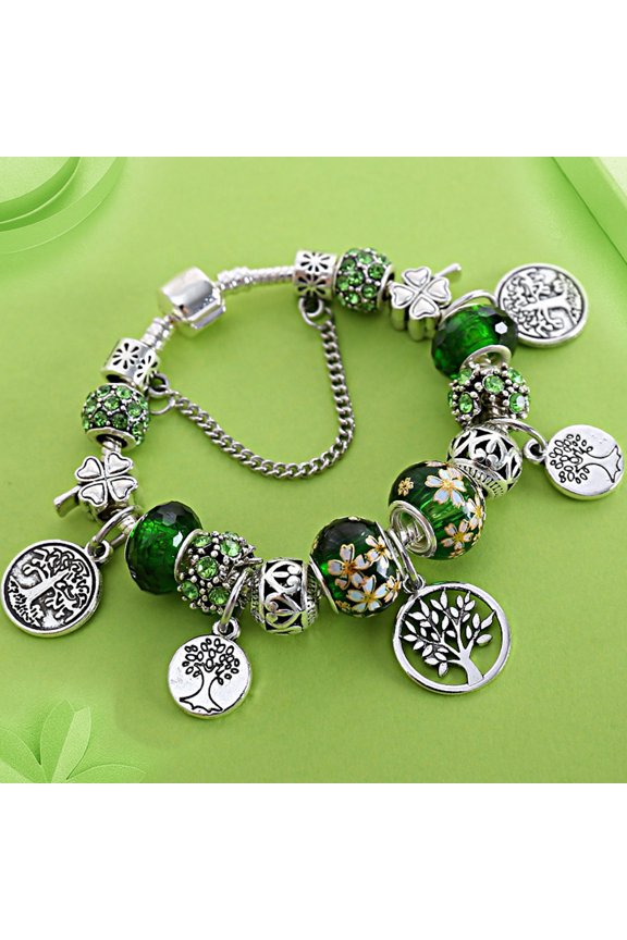 Good Fortune Bracelet Glazed Tree of Life Green Faux Crystal Vintage DIY Multi Charm Ethnic Style Pastoral Bangle for Shopping Work Party Dating