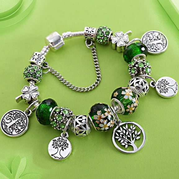 SmartBy Good Fortune Bracelet Glazed Tree of Life Green Faux Crystal Vintage DIY Multi Charm Ethnic Style Pastoral Bangle for Shopping Work Party Dating