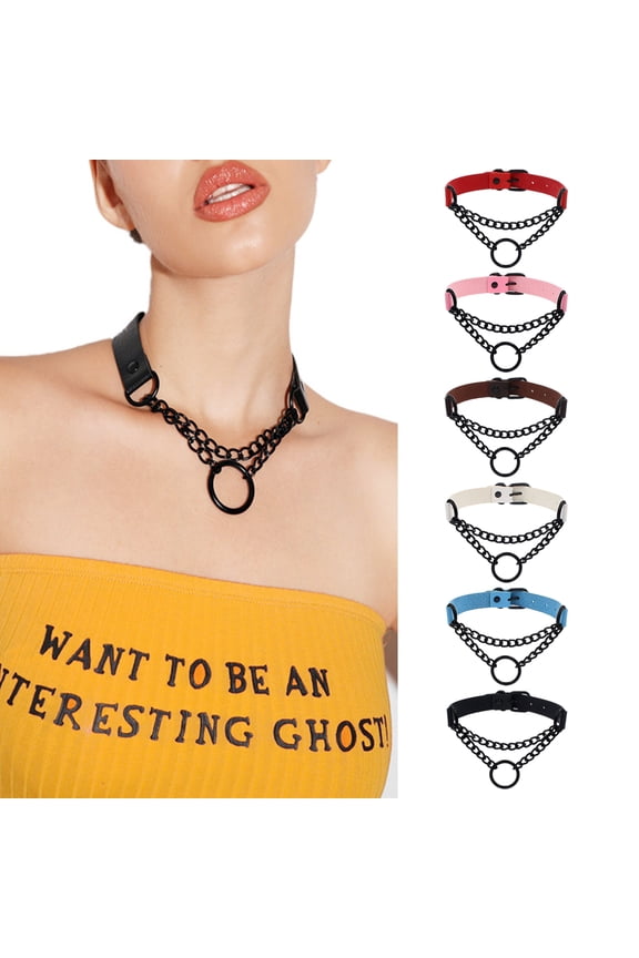Goth Choker Necklace Faux Leather Gothic Choker Adjustable Metal O-Ring Chain Collar Cool Punk Emo Jewelry for Women Men