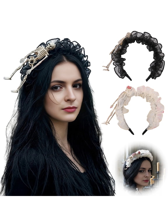 Gothic Headband with Skeleton Design for Women, Soft Pleated Hair Band, Ruffled Mesh Headdress for Lolita Cosplay And Halloween Party Accessories