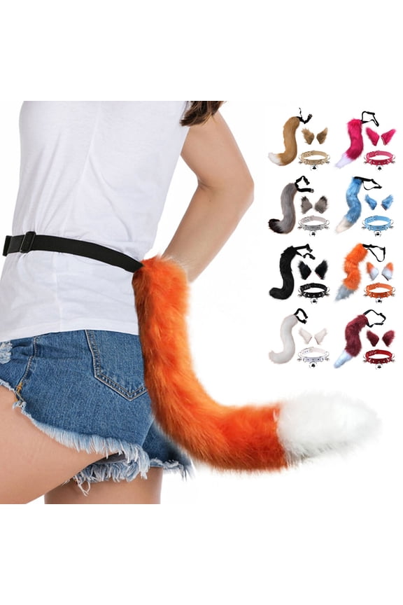 Hair Clips Cocker Tail Animal Element Adjustable Faux Fur Solid Wolf Tail Ears Collar for Cosplay
