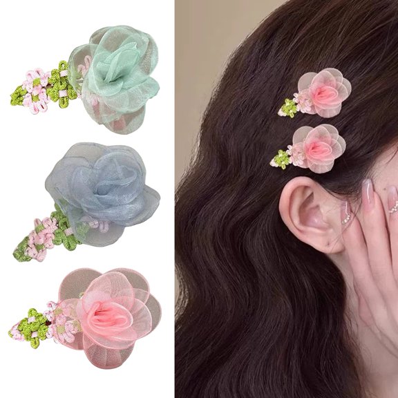 SmartBy Hairpin Organza Flower Hair Clip with Hand-Crocheted Petals Leaves Sweet Style Bang Hair Pin Hair Accessories