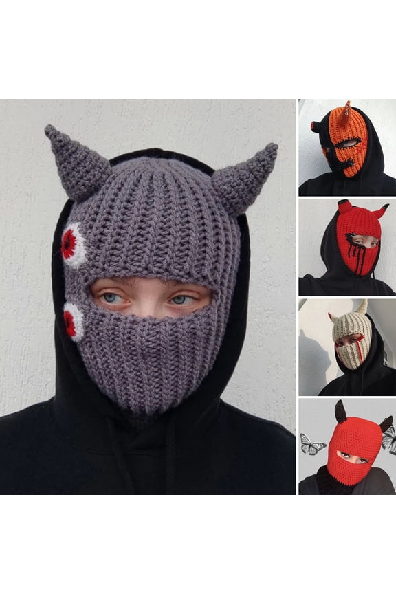 Halloween Cap Knitted Rabbit Ears Windproof Face Cover Party Prop Keep Warm Regular Fit Flower Print Horn Hat for Outdoor Sport