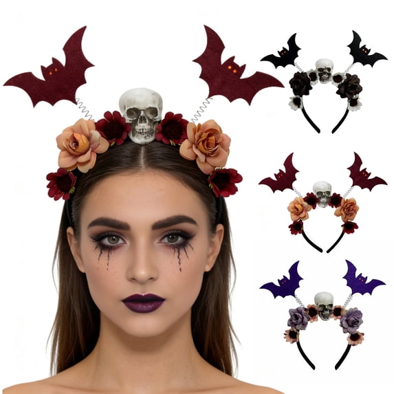 SmartBy Halloween Flower Skeleton Bat Headband, Gothic Floral Skull Hair Bands, Spooky Hair Accessory, Lightweight No Slip Headdress for Halloween Cosplay Party Costume