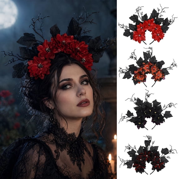 SmartBy Halloween Hair Hoop, Flexible Base Headband with 3D Multi-Layered Floral Design, Handmade Fabric Flowers Halloween Day of The Dead Costume Accessory