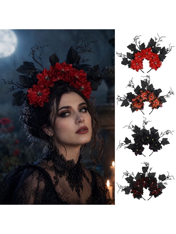 Halloween Hair Hoop, Flexible Base Headband with 3D Multi-Layered Floral Design, Handmade Fabric Flowers Halloween Day of The Dead Costume Accessory