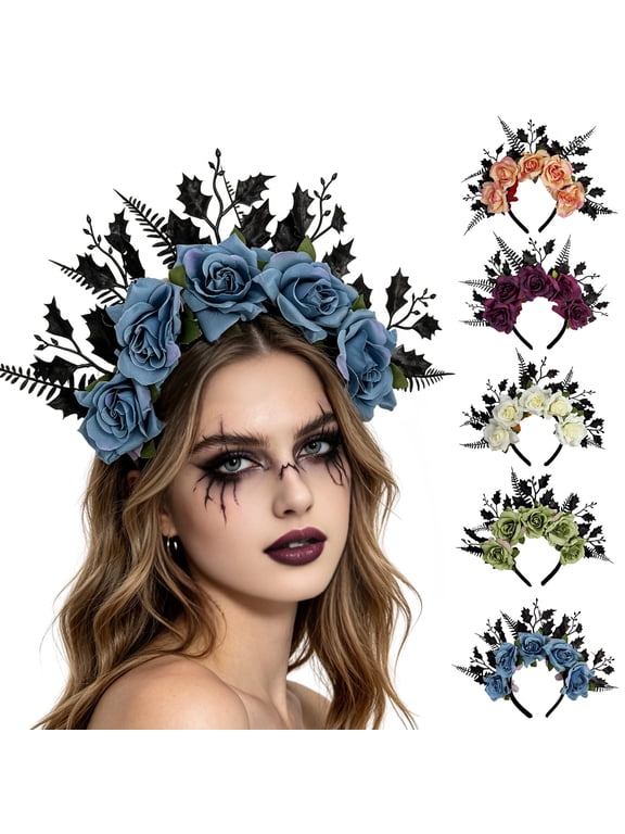 Halloween Rose Headband, Flower Leaf Crown Hair Hoops Bands, Gothic Headpiece Hairband for Cosplay Party Dress Up Accessories