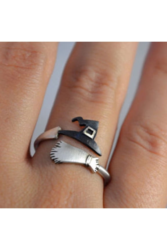 Halloween Witch Cap Broom Adjustable Open Finger Ring Women Jewelry Gift