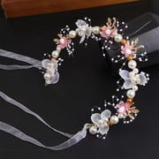 SmartBy Headband Floral Butterfly Design Adjustable Ribbon Pale Pink Tulle Flowers Hair Hoop with Imitation Pearls Cubic Zirconia Decor Party Hair Accessory