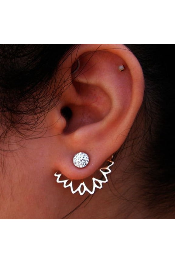 Hollow Lotus Single Row Inlaid Rhinestone Ear Jacket Stud Earrings Jewelry Gift