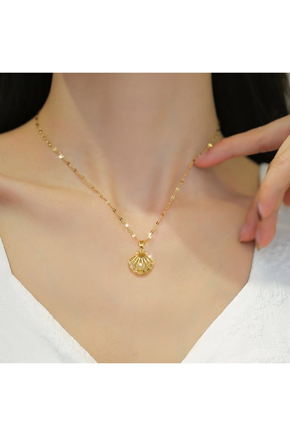 Hollow Shell Faux Pearl Necklace Golden Shell Pendant Necklace Jewelry Gift for Wedding Anniversary Birthday