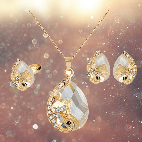 SmartBy Jewelry Set Rhinestone Inlaid Temperament Alloy Exquisite Waterdrop Pendants Earrings Ring for Anniversary
