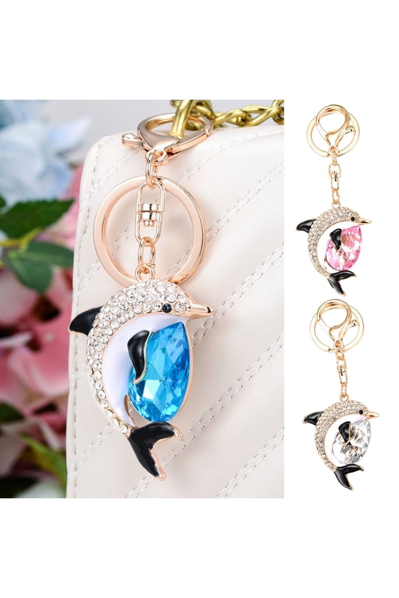 Key Ring Rhinestones-Encrusted Dolphin Shape Keychain Pendant with Strong Lobster Clasp Keys Bags Car Keys Accessories