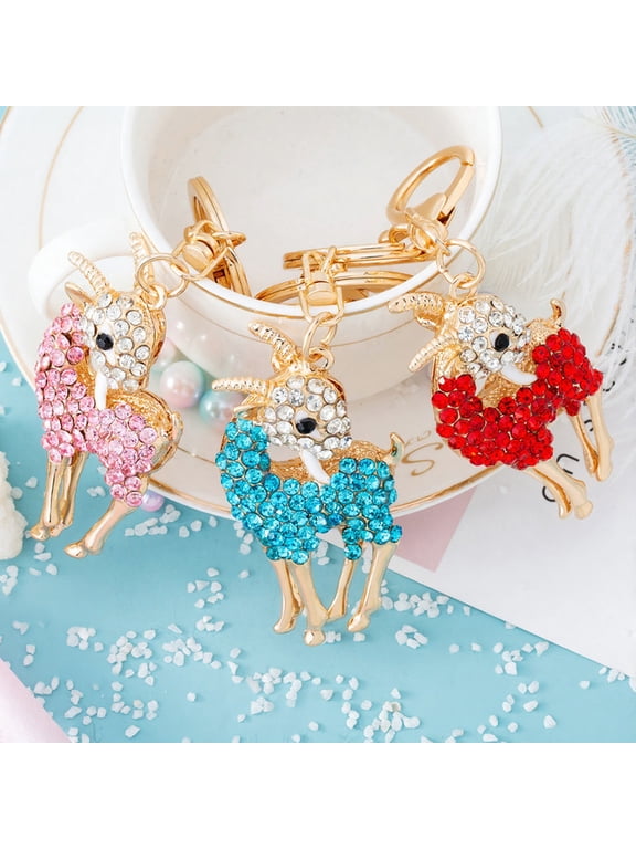 Keychain Alloy Electroplated Three-Dimensional Goat Key Chain with Colorful Rhinestones Lobster Clasp Key Ring Bag Accessories