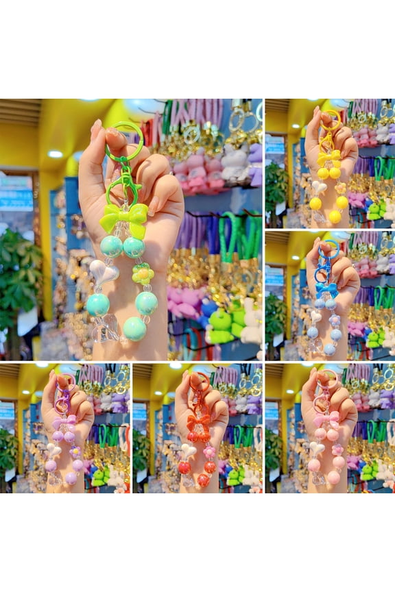 Keychain Macaron Color Heart Flower Beads Design Key Chain Transparent Colorful Pendant Mobile Phone Chain Bag Hanger Anti-Lost Accessory