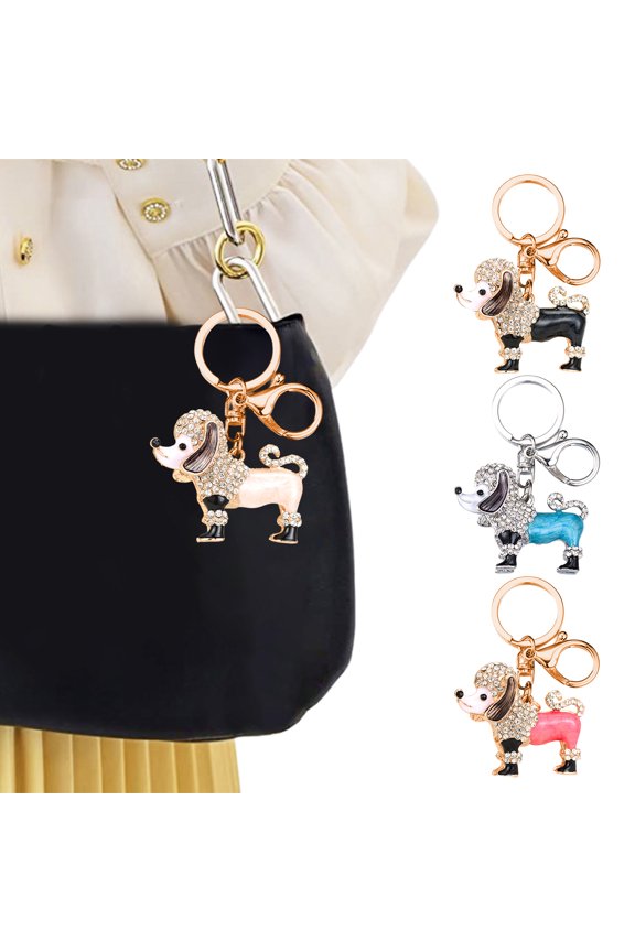 Keychain Pendant 3D Cartoon Poodle Dog Design Sparkling Rhinestones Inlaid Key Chain with Lobster Clasp Key Ring Bags Accessories