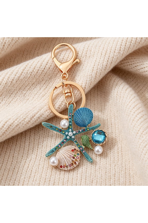 Keychain Pendant Ocean Style Starfish Shell Design Key Chain with Rhinestones Imitation Pearls Bags Backpacks Decorative Accessory