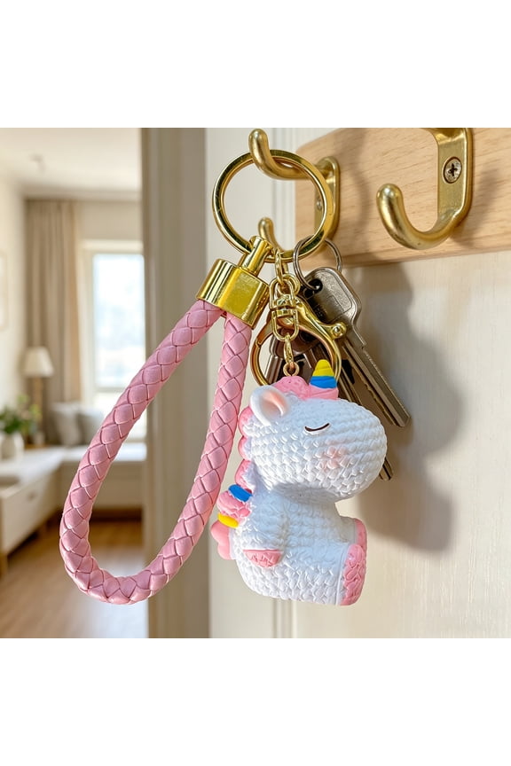 Keychain Pendant Resin Rainbow Unicorn Charm Key Holder with Braided Rope School Bag Hanging Ornament Key Accessory