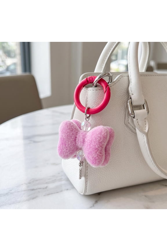 Keychain Pendant Rhinestones Bead Decor Plush Bow Design Keychain Charm with Smooth Spring Buckle Backpack Accessory