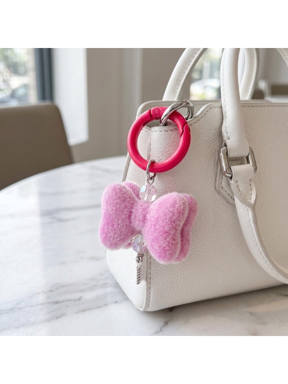 Keychain Pendant Rhinestones Bead Decor Plush Bow Design Keychain Charm with Smooth Spring Buckle Backpack Accessory