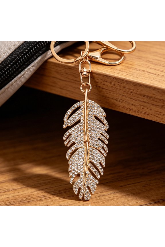 Keychain Pendant Rhinestones Inlaid Feather Shape Key Chain with Anti-Oxidation Lobster Clasp Backpack Bag Accessory