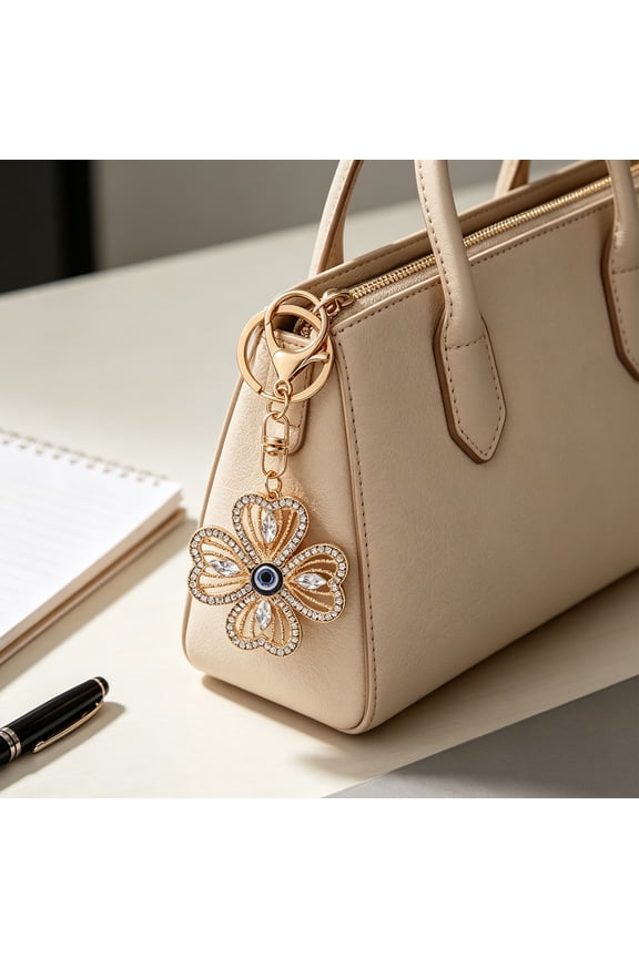 Keychain Pendant Rhinestones Inlaid Four-Leaf Clover Design Key Chain with Anti-Oxidation Lobster Clasp Decorative Backpacks Accessory