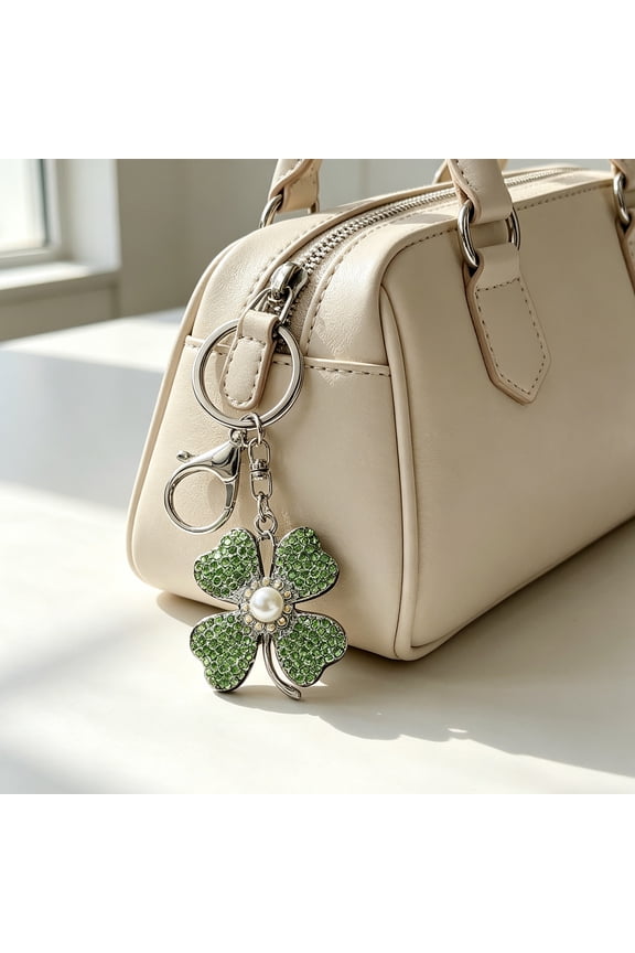 Keychain Pendant Shiny Rhinestones Imitation Pearls Inlaid Four-Leaf Clover Design Zinc Alloy Key Chain with Lobster Clasp Lightweight Key Holder Backpack Accessory