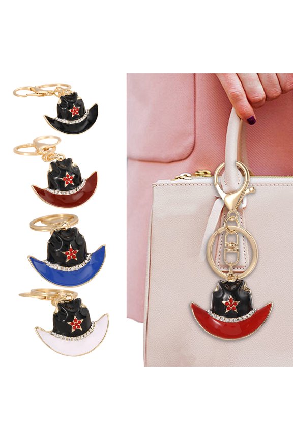 Keychain Pendant Sparkling Rhinestones Five-Pointed Star Pattern Western Style Cowboy Hat Design Key Chain with Lobster Clasp Backpacks Accessory