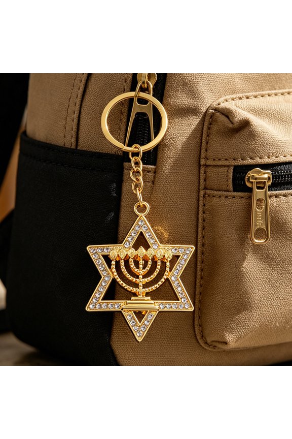 Keychain Pendant Sparkling Rhinestones Hexagram Shape Zinc Alloy Key Holder with Chain Buckle Design Backpack Accessory