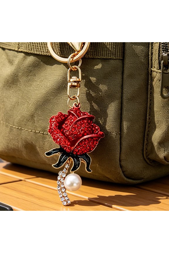 Keychain Pendant Sparkling Rhinestones Inlaid Imitation Pearl Rose Design Key Chain Lightweight Car Bag Decorative Accessory