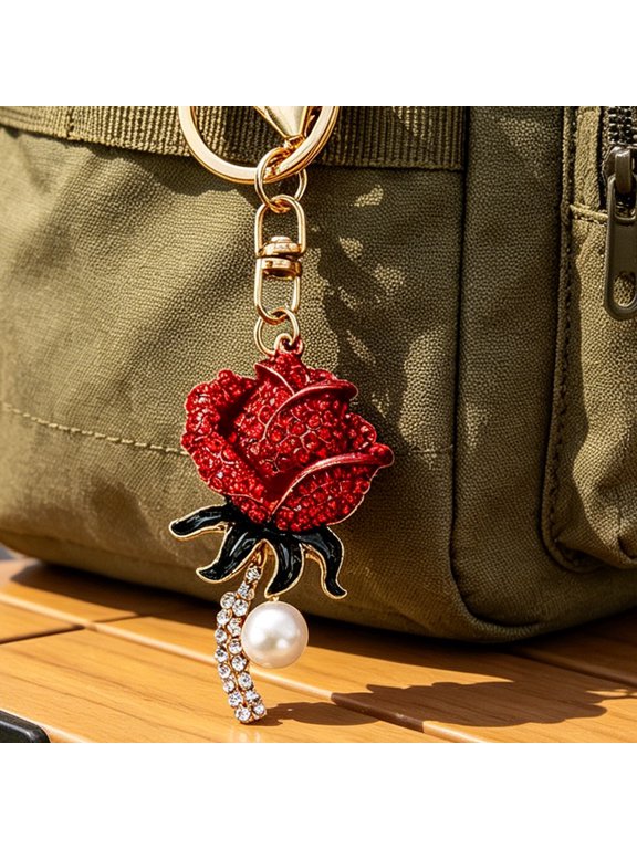 Keychain Pendant Sparkling Rhinestones Inlaid Imitation Pearl Rose Design Key Chain Lightweight Car Bag Decorative Accessory