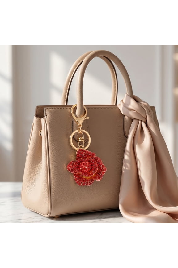 Keychain Pendant Sparkling Rhinestones Inlaid Red Rose Design Key Holder with Lobster Clasp Lightweight Car Bag Decoration