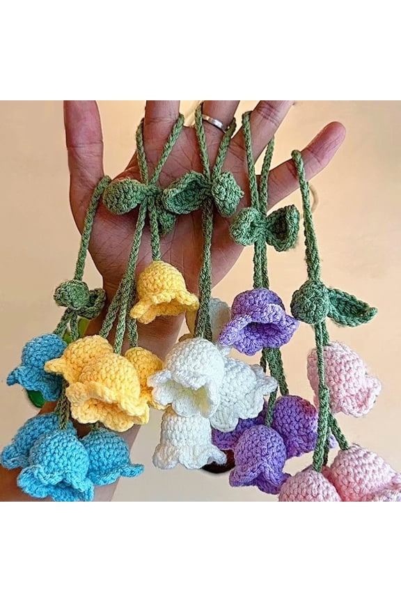 Keychain Pendant Tulip Flower Design Handwoven Yarn Crochet Key Chain Adjustable Rearview Mirror Hanging Car Decoration