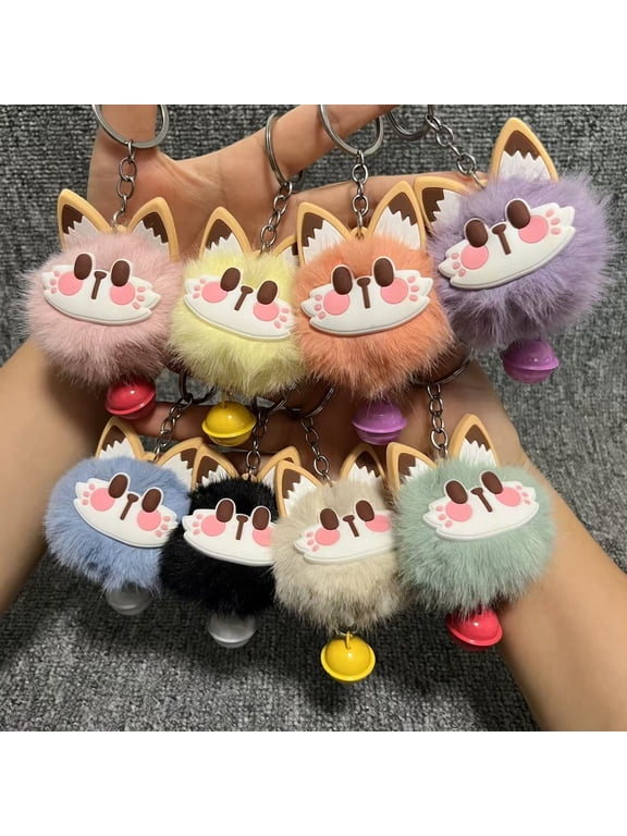 Keychain Pendant with Bell Furry Fox Face Pink Paw Prints Soft Plush Keyring Bags Backpacks Decorative Accessories