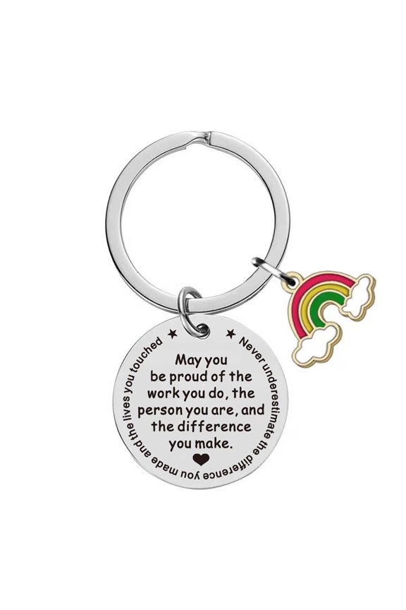 Keychain Rainbow Pendant Best Wishes Print Round Shape Stainless Lightweight Store Keys Inspiring Exquisite Smooth Key Ring Teacher Gift